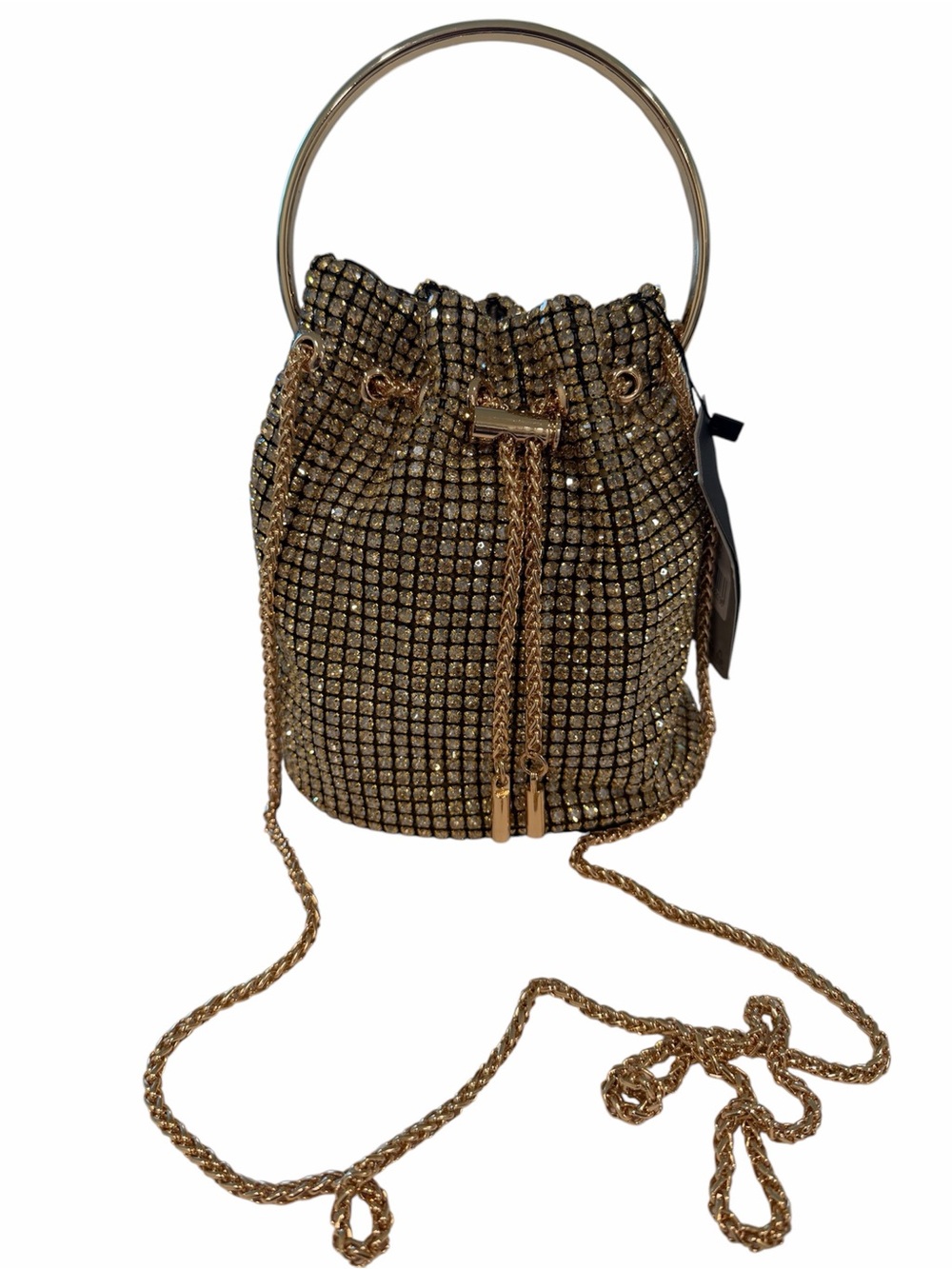 Gold Crystal Bucket Mini Bag with Metal Ring Handle